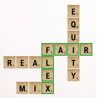 FairFlex Scrabble-style graphic showing FLEX with FAIR, EQUITY, REAL, and MIX