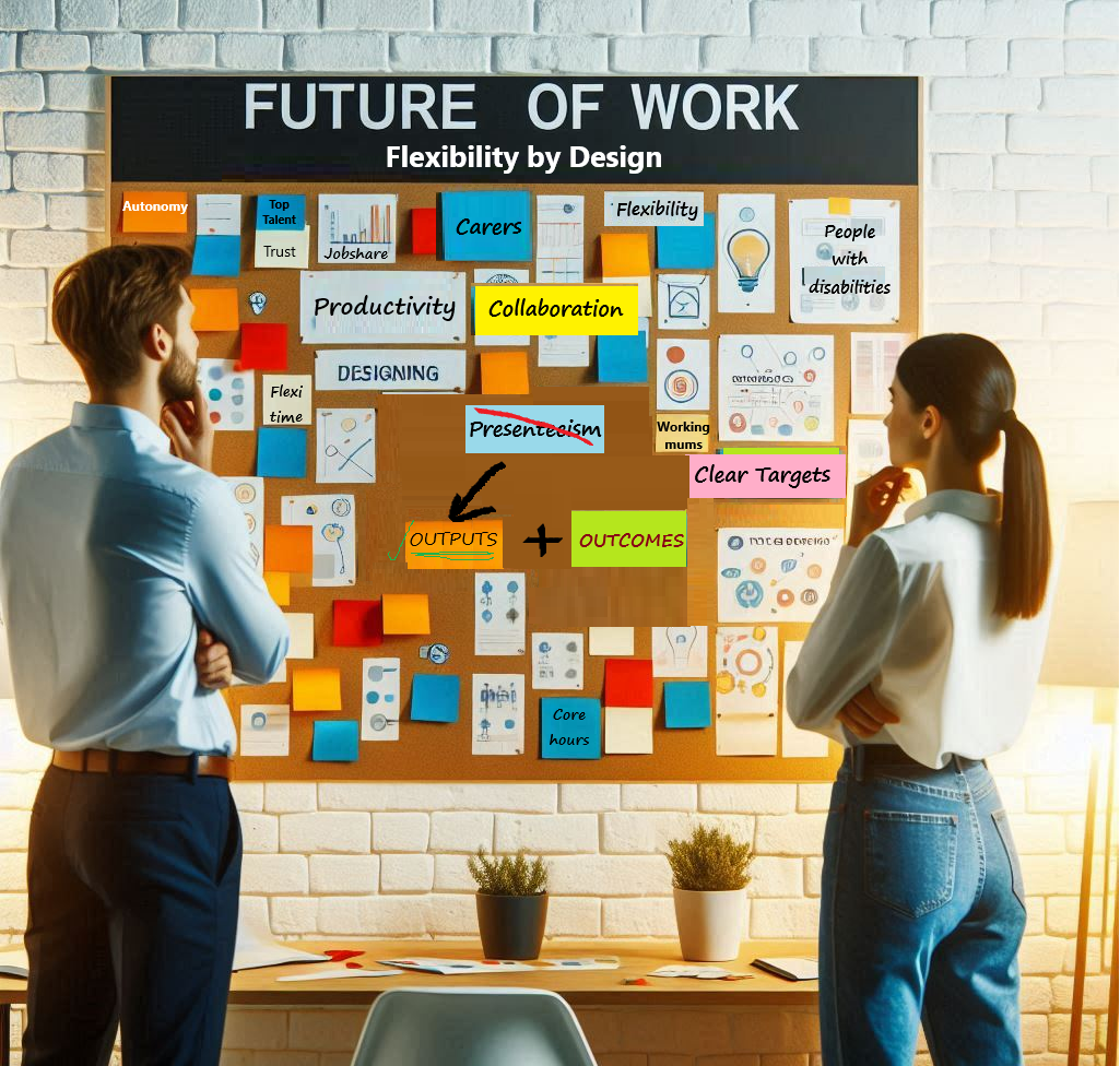 A business man and woman facing a board with lots of post-its for designing flexibility into work