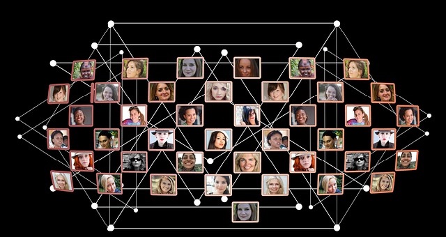 lots of individual photos of different peoples faces and those faces connected by joining lines and dots, to depict a network.