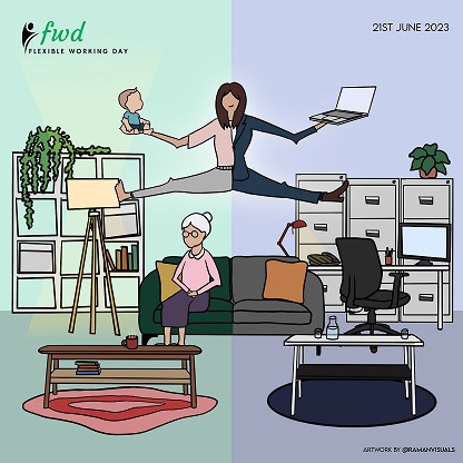 artwork showing a woman balancing a baby in one hand and a laptop in the other.