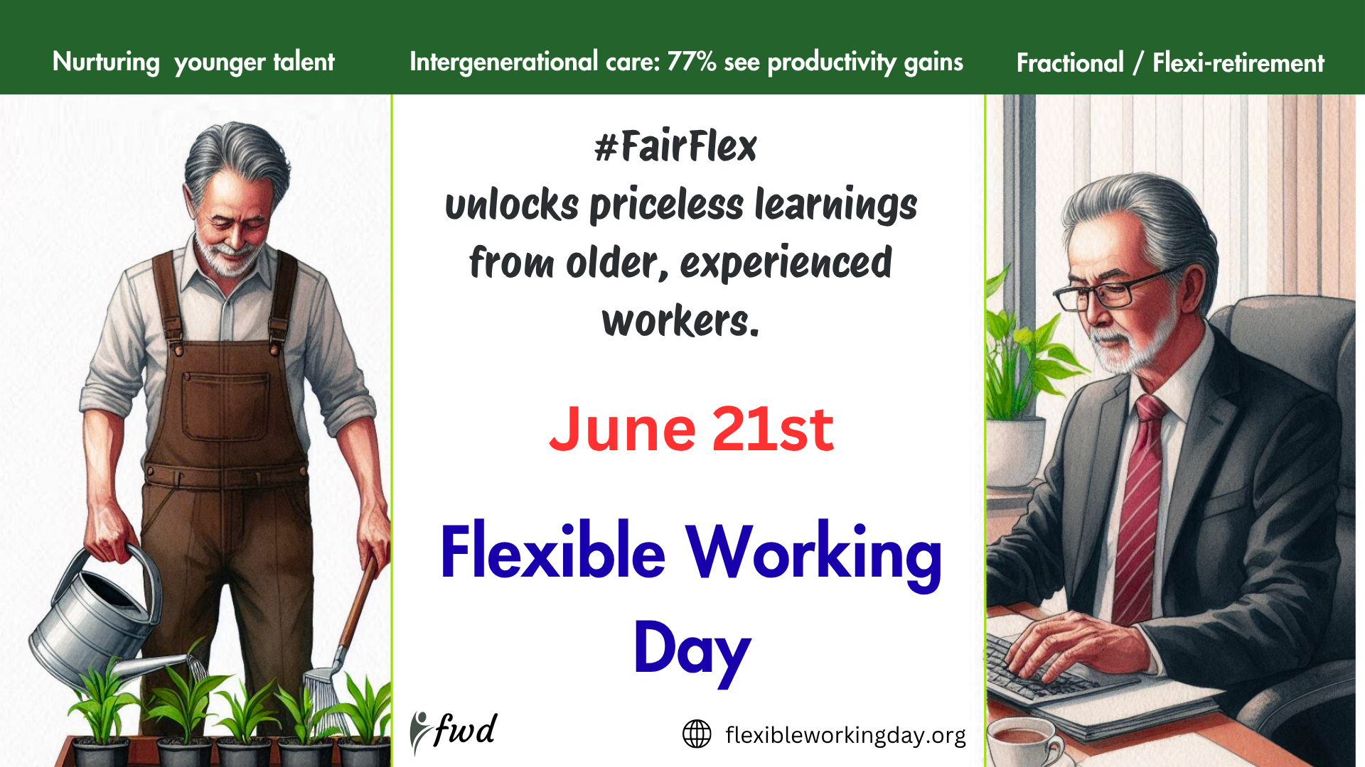 Older man gardening on the left, working at a desk on the right