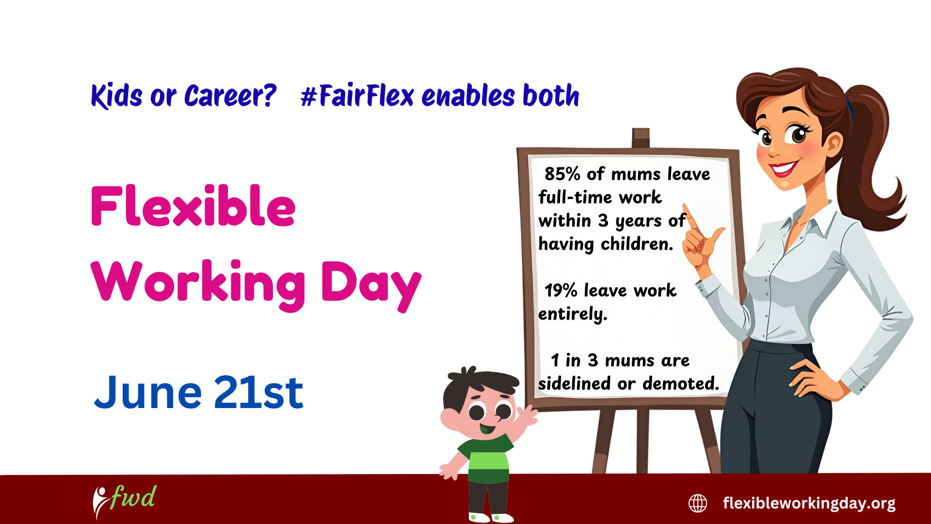 Working mum pointing at flip chart with stats: 85% leave full-time work within 
              3 years, 19% leave entirely, 1 in 3 are sidelined or demoted